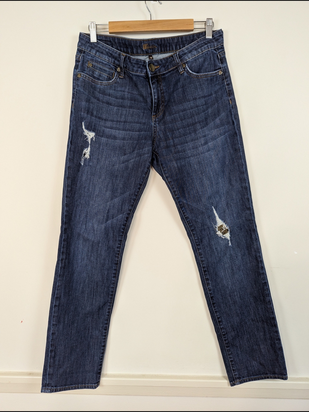 Kut From The Kloth Dark Blue Distressed Straight-Leg Jeans Size 10